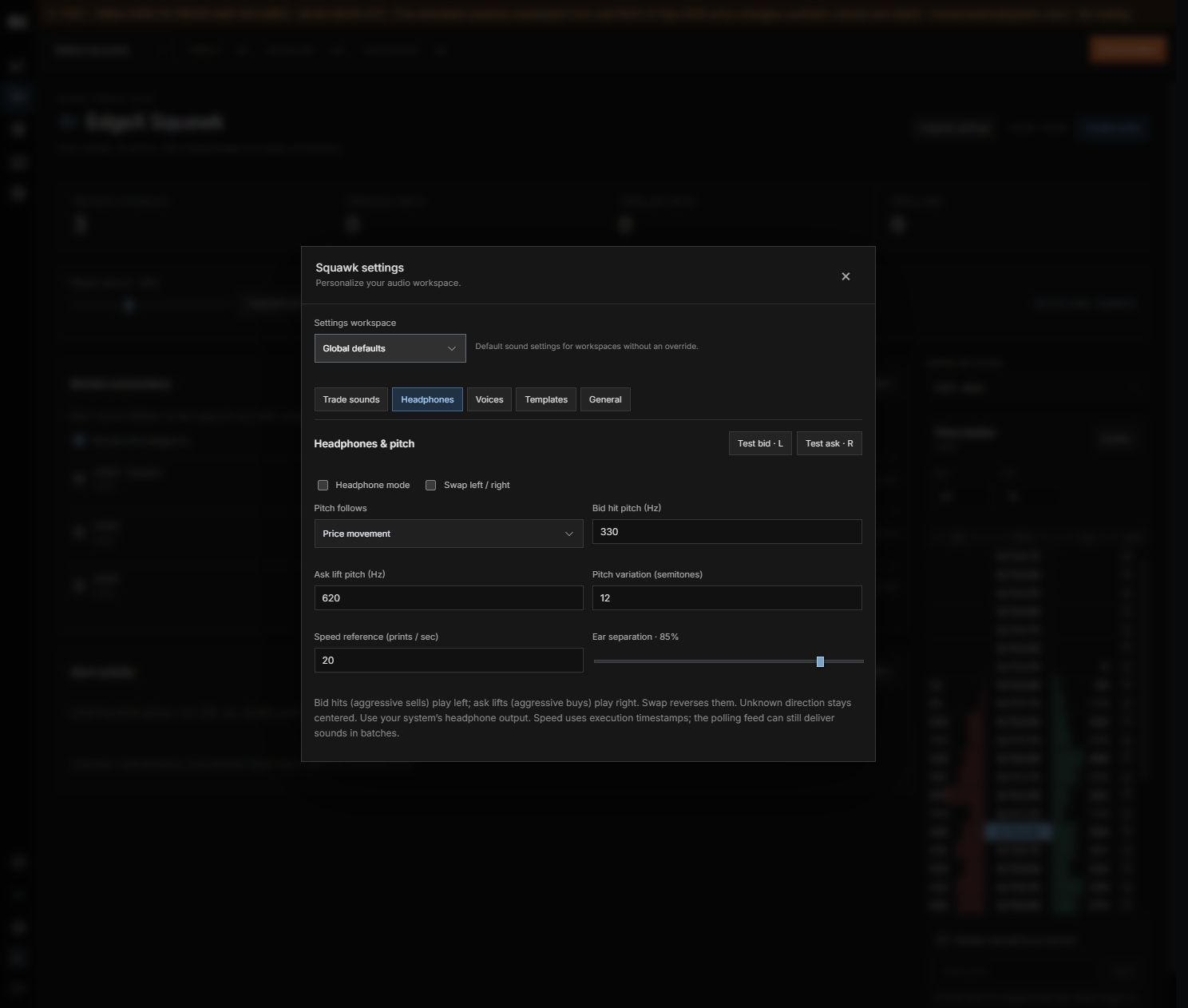Headphone routing and pitch settings